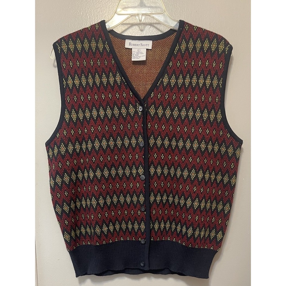 Roberta Scott Button Up Sweater Vest Red/Green Argyle Diamond Pattern Women's L